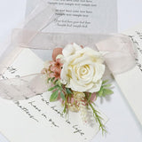 Wrist Corsage And Boutonniere Set Artificial Rose Flowers Accessories For Groom Bride Groomsmen Bridesmaids Wedding Party Prom Suit- Creamy White+Pink 2 Pieces
