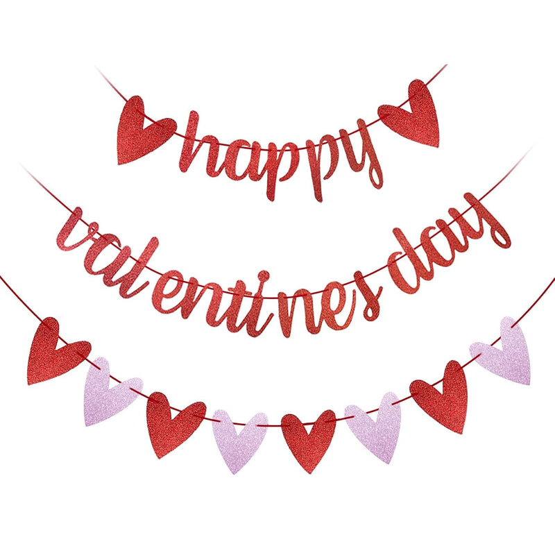 Red Glittery Happy Valentine'S Day Banner And Red & Pink Glittery Hear