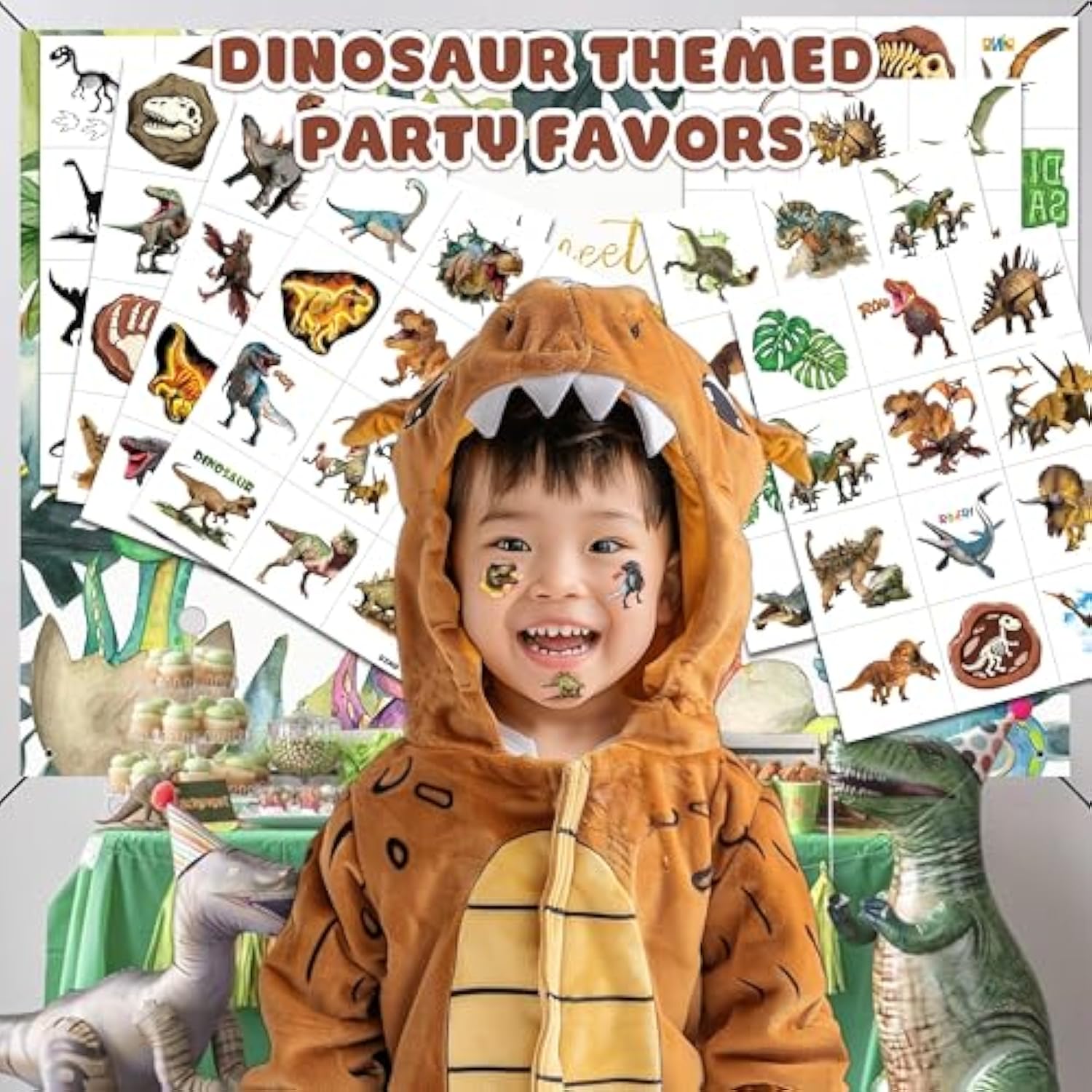 96 Pcs Dinosaur 3D Pre-Cut Temporary Tattoos For Kids | Super Cute Themed Birthday Party Favors, Supplies, Decorations, Funny Jungle Fake Tattoo Stickers (Multiple)