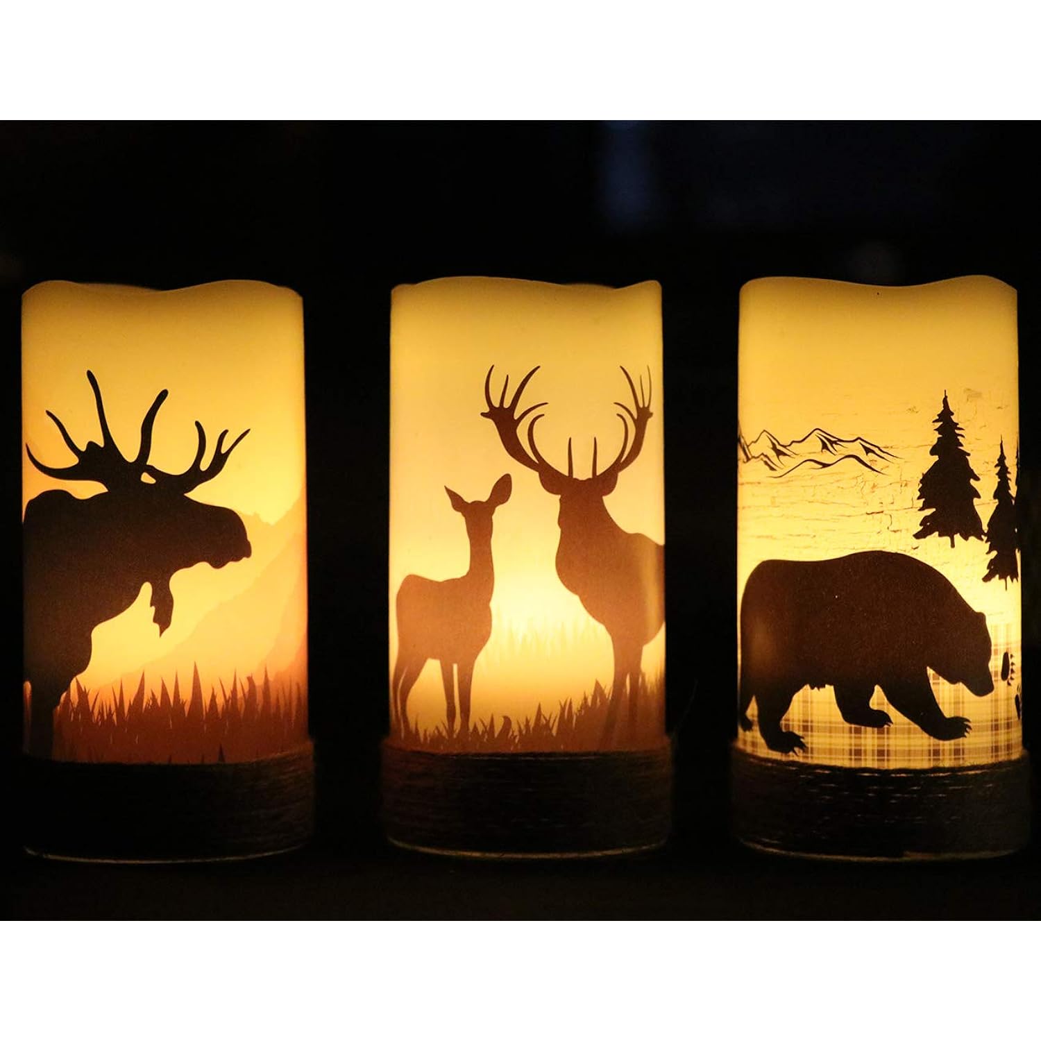 Flameless Flickering Led Candles With Hemp Rope And 6H Timer, Battery Operated Set Of 3 Real Wax Pillar Rustic Candles Warm Light With Deer, Moose, Bear Decals Decor Christmas Home(D3 X H6)