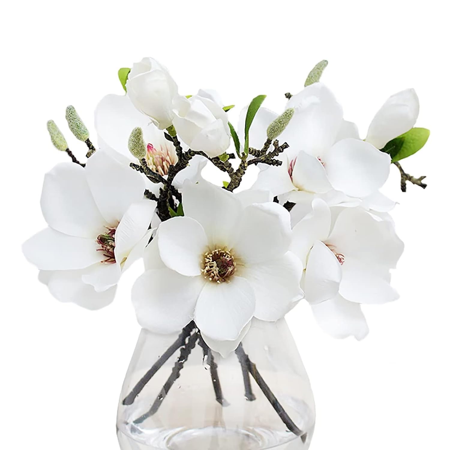 5 Pack Artificial Magnolia Flowers Realistic Silk Magnolia With Green Leaves Real Touch Magnolia Bouquet For Wedding Home Office Table Centerpiece Decor