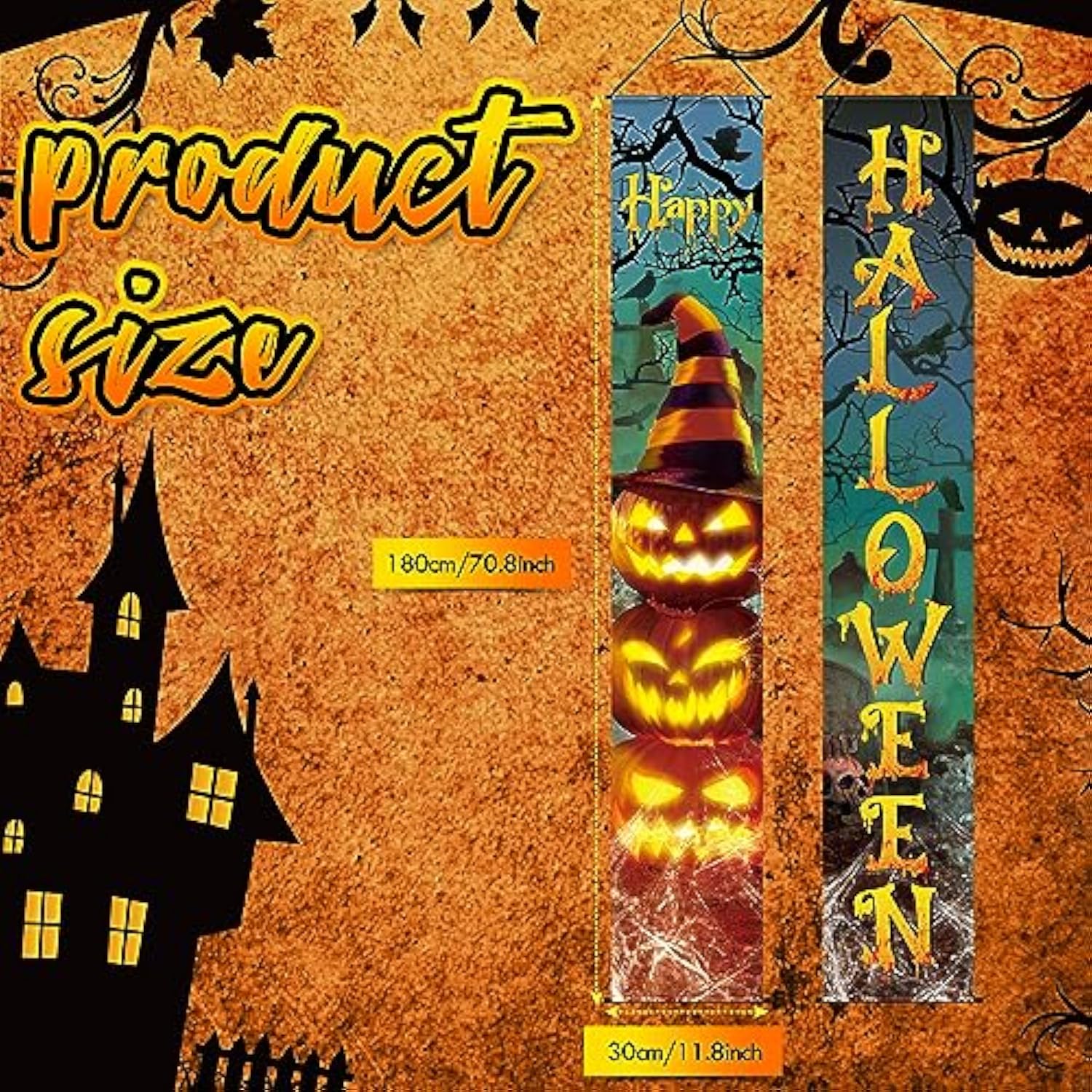 2-Piece Halloween Door Banners Evil Pumpkin Witch Hats Front Door Wall Porch Decor