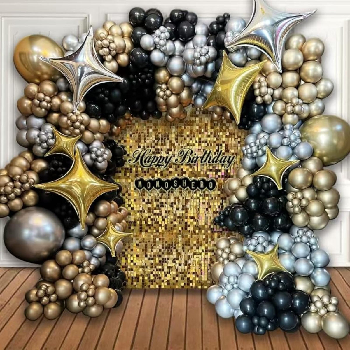 Black & Gold Balloon Arch Kit Metallic Silver Star Foils & 2025 NYE Party Decor