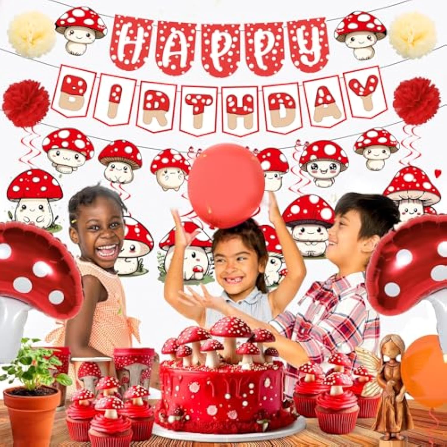 Mushroom Party Decorations, Mushroom Birthday Banner, Mushroom Balloons Garland Hanging Swirls Paper Pom Poms For Mushroom Birthday Decorations