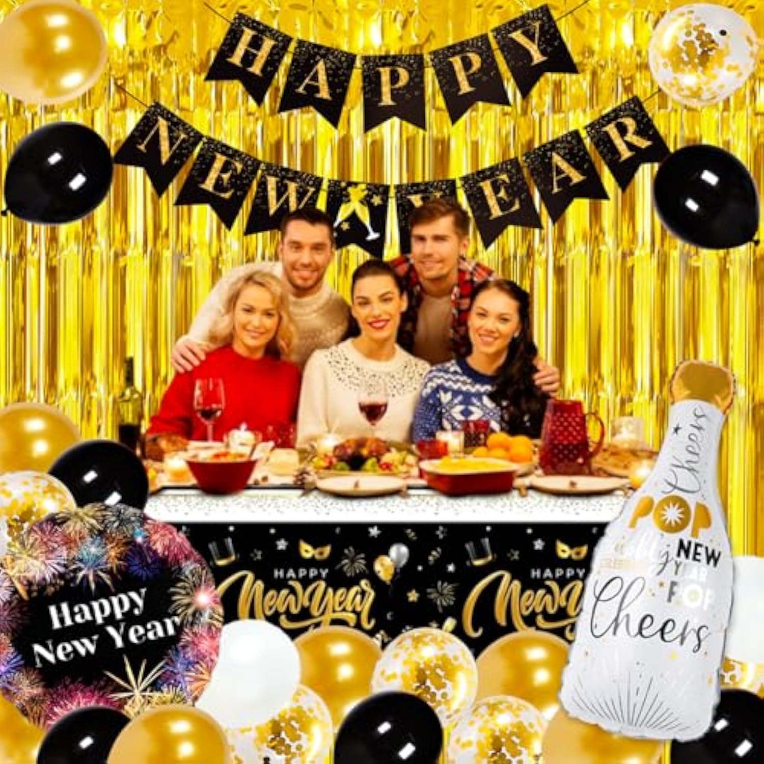 Happy New Year 2026 Party Supplies Balloons Banner Foil Fringe Curtain Kit