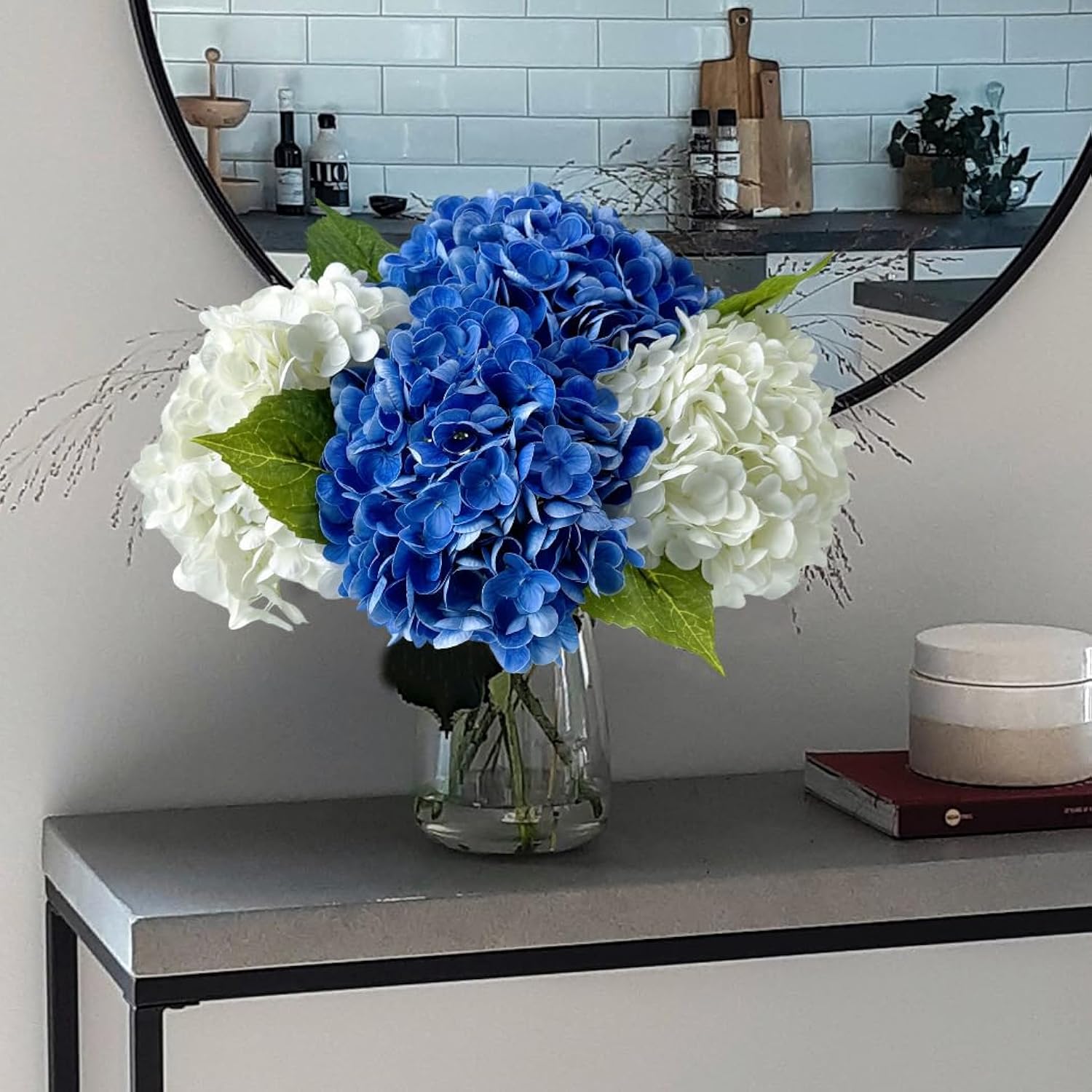 Ruzuqe 3 Pcs 21Inch Artificial Dark Blue Hydrangea Natural Lifelike Real Touch Faux Large Royal Hydrangea For Home Party Outdoor Wedding Decor Table Centerpiece Artificial Flower