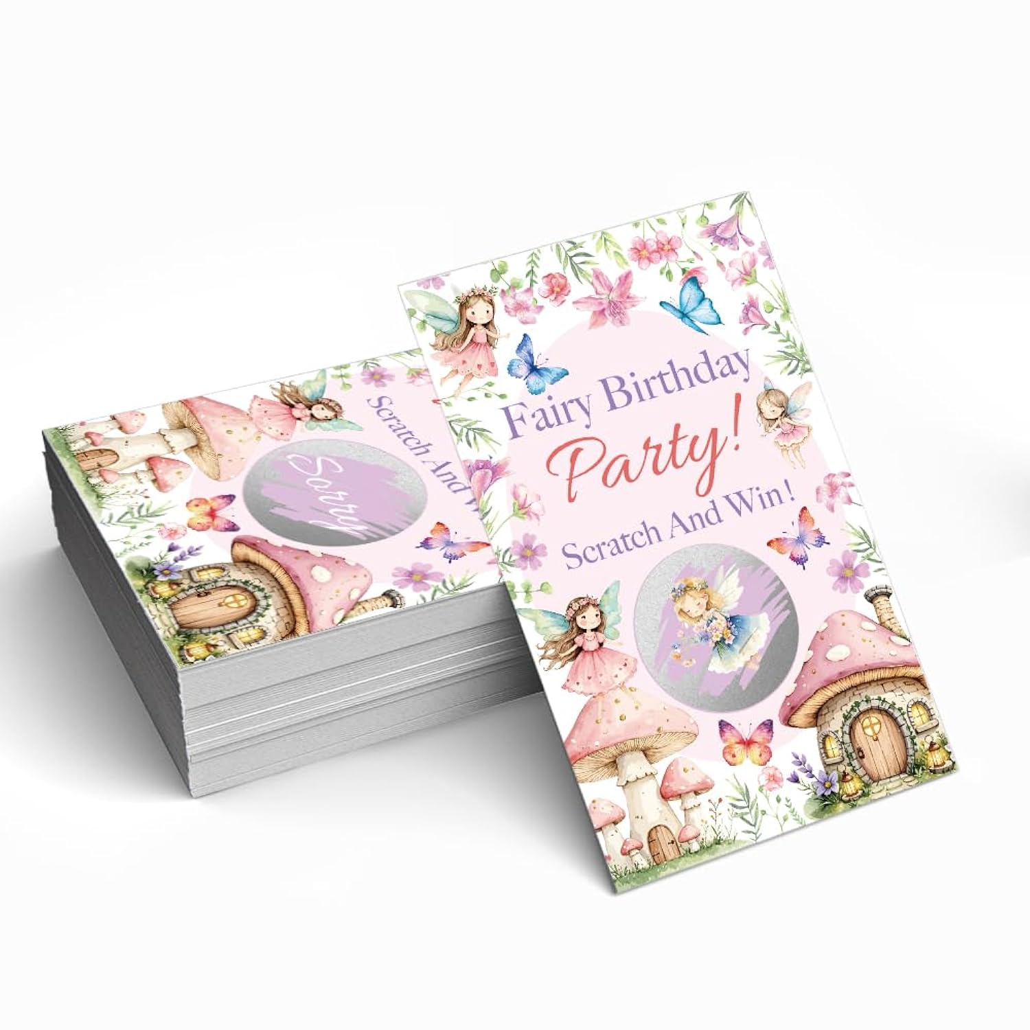 50 Pack Birthday Party Fairy Theme Game Scratch Off Cards, Mushroom House Scratch Cards For Girl Birthday Games, Lovely Fairy Tale Raffle Tickets For Family Activity, Baby Shower