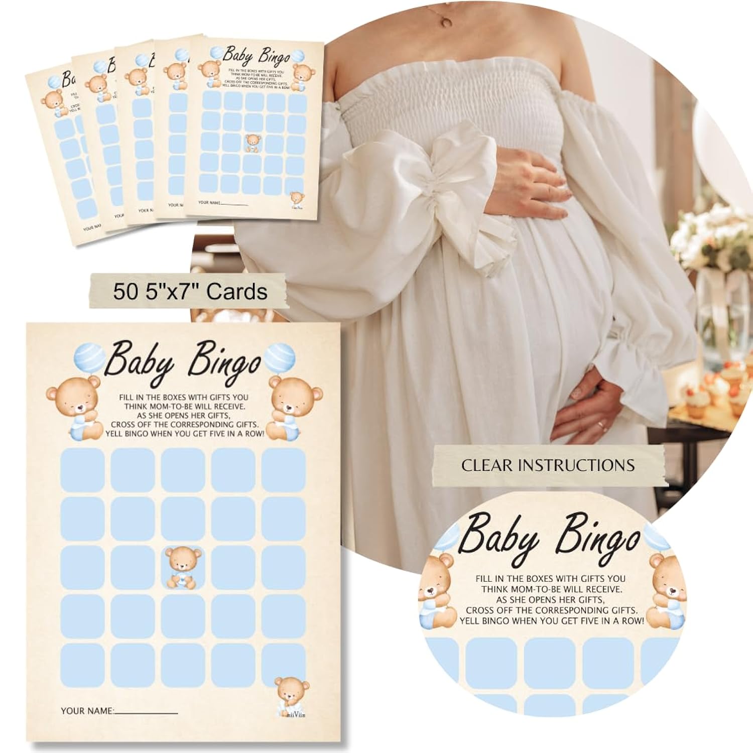 Baby Shower Bingo Cards - Infant Shower Games Boy, 50 Guest Keepsake Set, Baby Predictions, Large 5" X 7", Writable