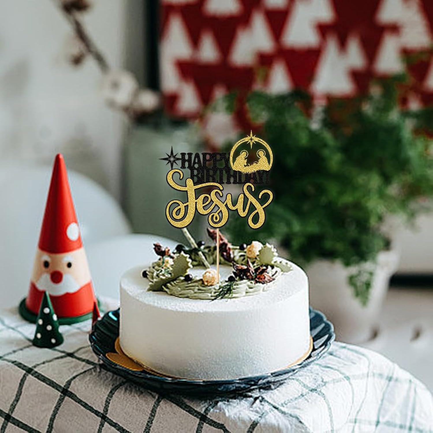 1Pcs Happy Birthday Cake Topper Glitter Black-Gold Jesus Birthday Cake Pick Merry Christmas Cake Decorations For Nativity Scene Christmas Birthday Party Supplies