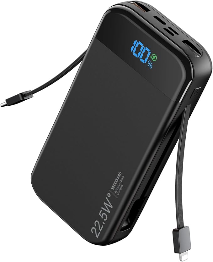 32000mAh 22.5W Fast Charging Portable Power Bank with Built In USB C Cables and Digital Display