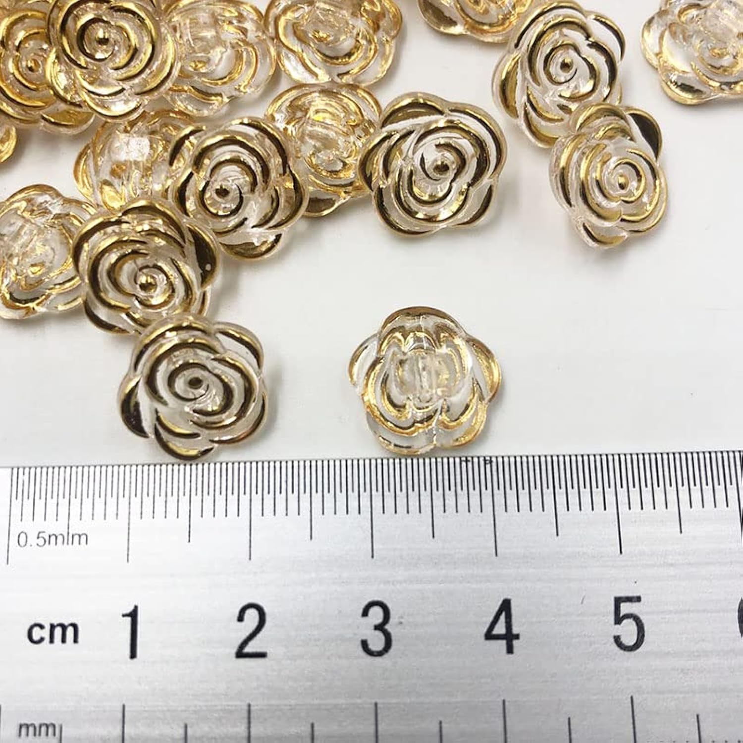 50Pc Gold Rose Flower Pattern Clothes Transparent Resin Buttons Sewing