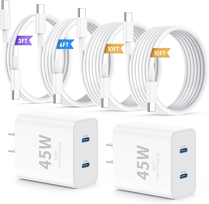 2 Pack 45W Dual Port USB C Fast Charger with 3 6 10FT USB C Cables for iPhone Samsung