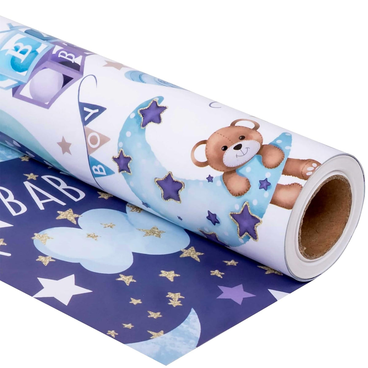 Reverible Baby Boy Wrapping Paper Roll For Boys Kids Infant - Baby Blue Gift Wrap Sheets With Bear Balloon Moon Star Patterns For Neutral Baby Shower Birthday - Total 28.5Sq.Ft