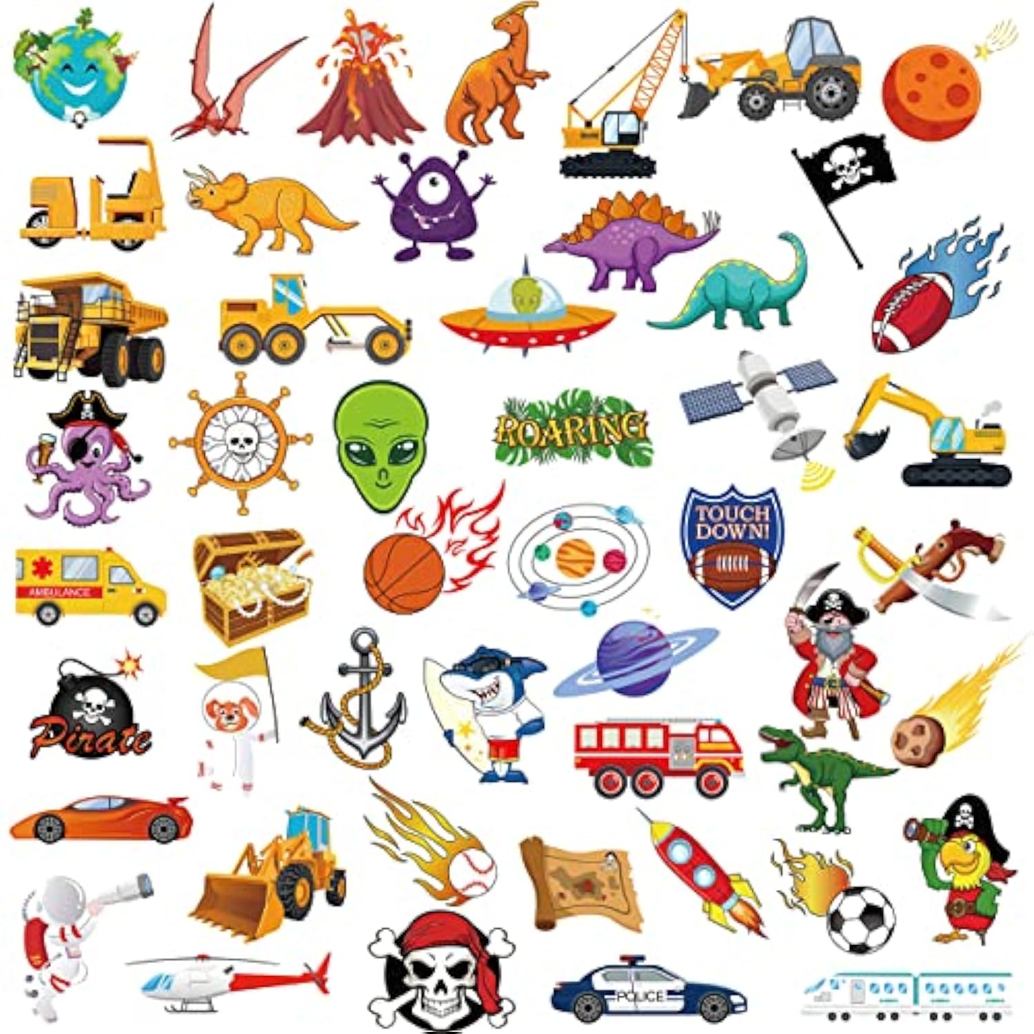 Kids Temporary Tattoos(100Pcs), Solar System Outer Space/Pirate/Construction Zone Tractor Truck/Dinosaur Shark Face Tattoo For Boys Goody Filler Birthday Party Favor Supplies
