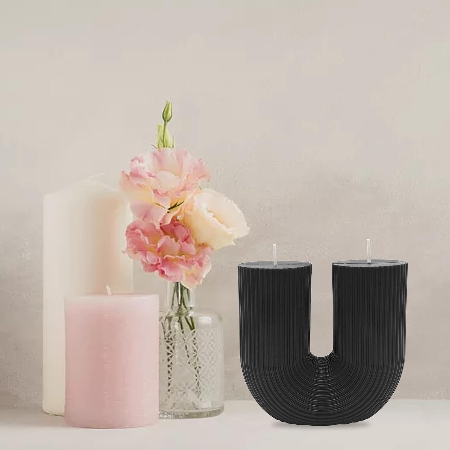 Large U Shaped Candle, Soy Wax Scented Candle Geometric Aesthetic Ribbed Candles Minimalist Shaped For Trendy Home Room Shelf Decor Aesthetic Candles Wedding Birthday