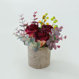 Artificial Flowers Kit With Pot, Combination Of Fake Silk Burnt Burgundy Roses And Greenery,Small Plant Potted Decor For Offices,Bookshelf,Bedroom, Living Room,Party,Wedding Decorations