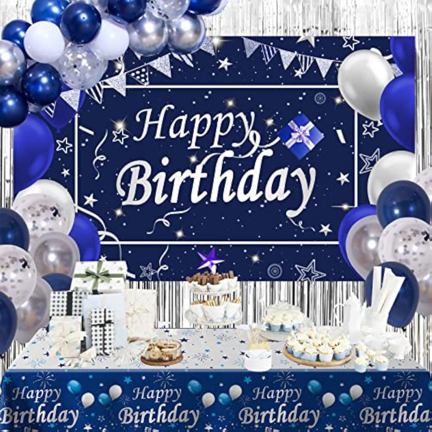 Blue Birthday Party Decor Kit for Men & Women with Balloons, Backdrop, Tablecloth and Curtains