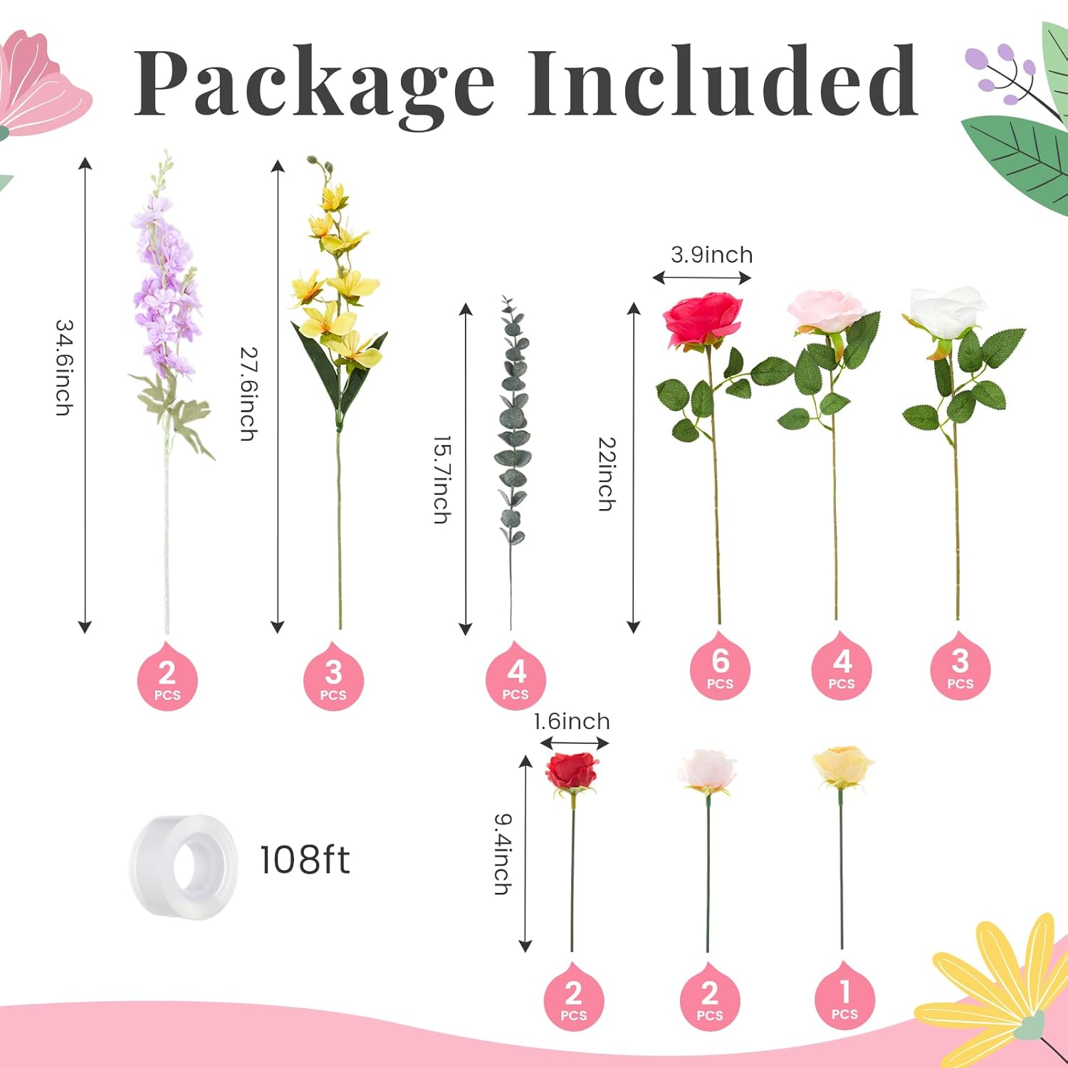 27 Pcs Artificial Wildflowers Large Size Wildflower Birthday Party Decorations For Background Backdrop Fake Flowers With Tape For Baby Shower Wedding Garden Tea Party Supplies