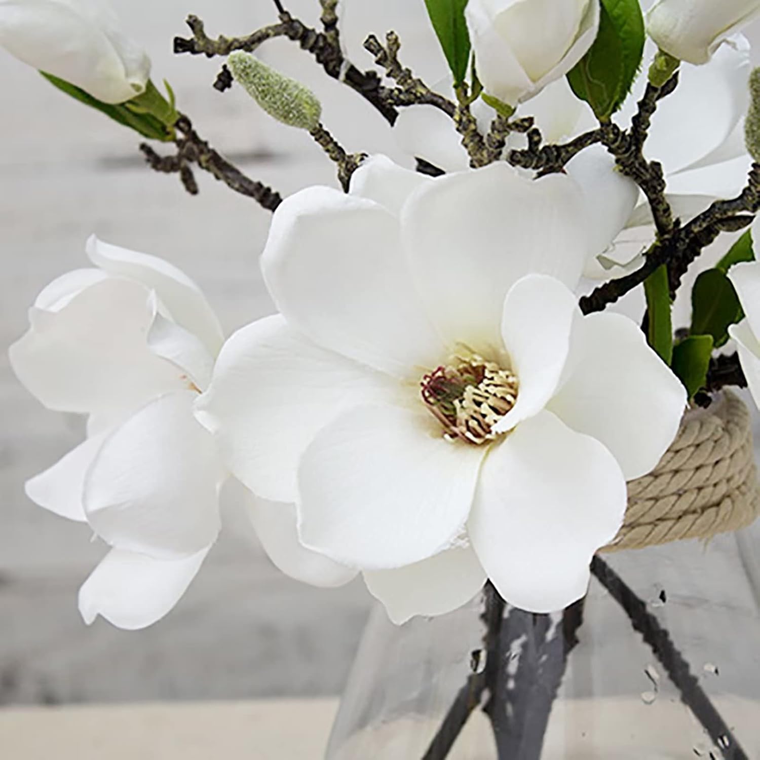 5 Pack Artificial Magnolia Flowers Realistic Silk Magnolia With Green Leaves Real Touch Magnolia Bouquet For Wedding Home Office Table Centerpiece Decor