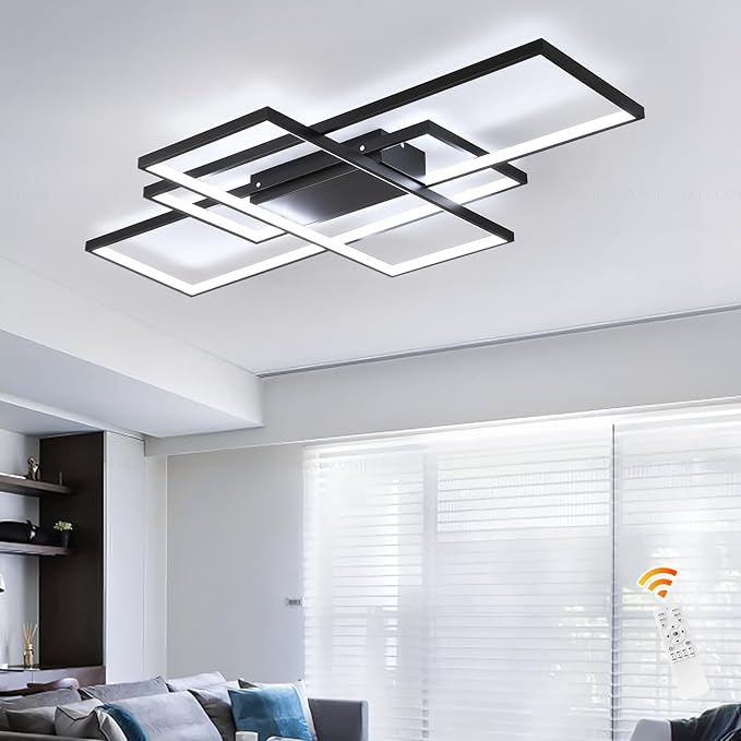 35.4 Inch Modern LED Ceiling Light Black 3 Rectangle Dimmable Remote Fixture