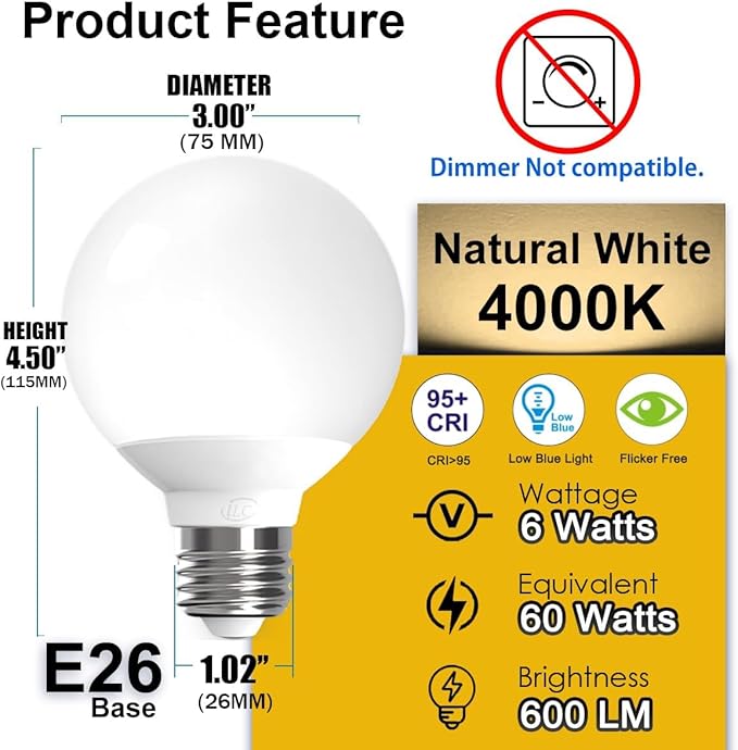 Globe Smart Light Bulbs 6 Pack E26 Bluetooth Mesh Vanity Bulbs RGB Color Changing 600LM App Controlled