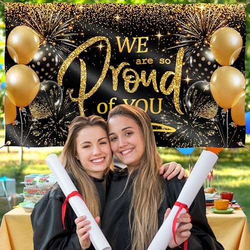 We are so Proud of You Banner - Congratulations Banner - Graduation Decorations for Prom - You Did It - Well Done - 5ft x 3ft (Black & Gold)