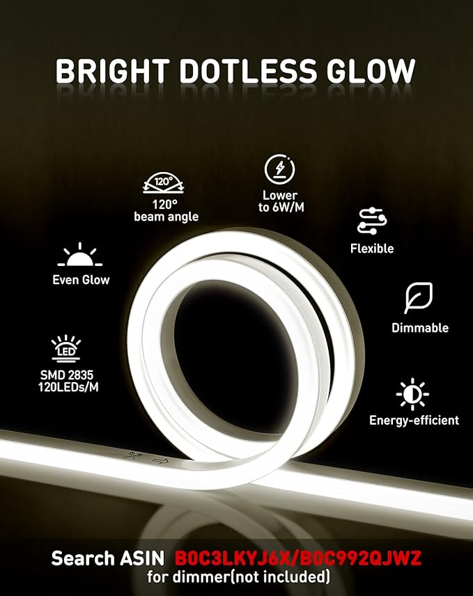50FT 4500K Neutral White LED Neon Rope Lights 120V Cuttable Connectable Waterproof Strip