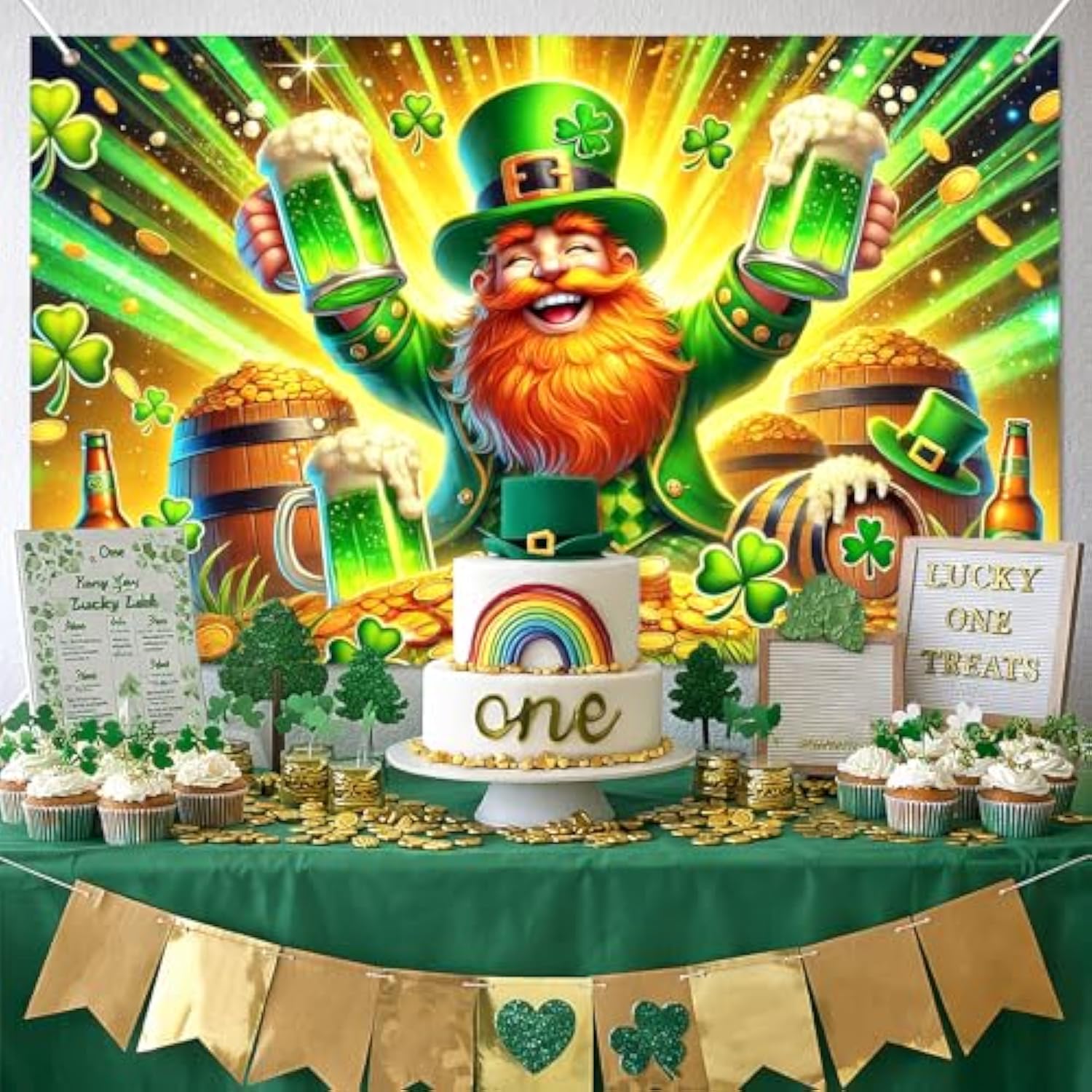St. Patrick’S Day Banner Green Party Banner Backdrop With Irish Style Character Clover Gold Coins Celebration Banner For Happy St. Patrick’S Day Decorations Photo Background Wall Hanging 71X43 Inch