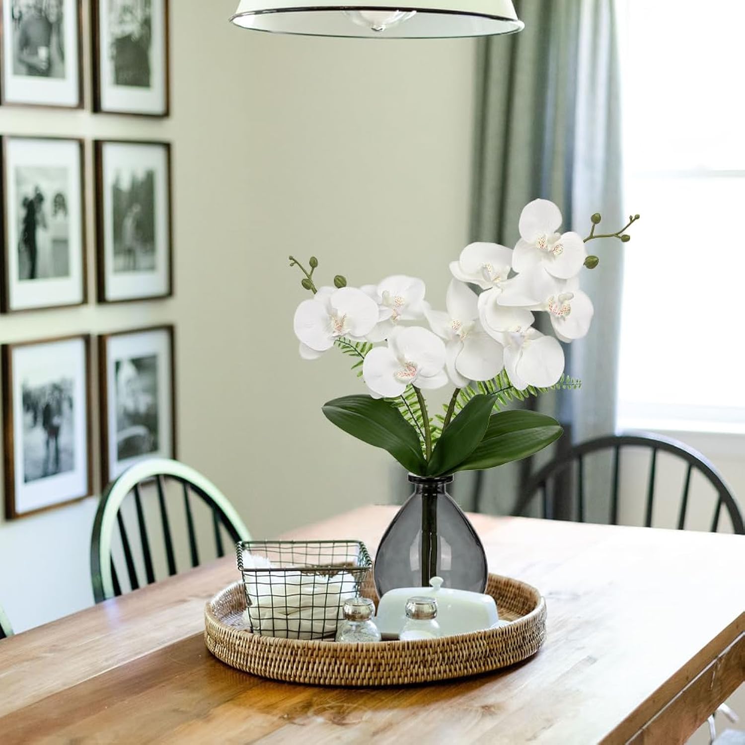 White Orchids Artificial Flowers, Faux Orchid In Glass Vase Real Touch Small Phalaenopsis Orchid Flowers Arrangements With Black Vase Orchids Centerpiece For Dining Room Table