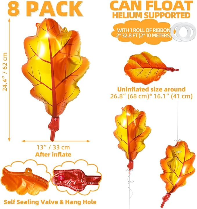 8Pack Fall Maple Leaf Foil Balloons Thanksgiving Autumn Harvest Party Decorations