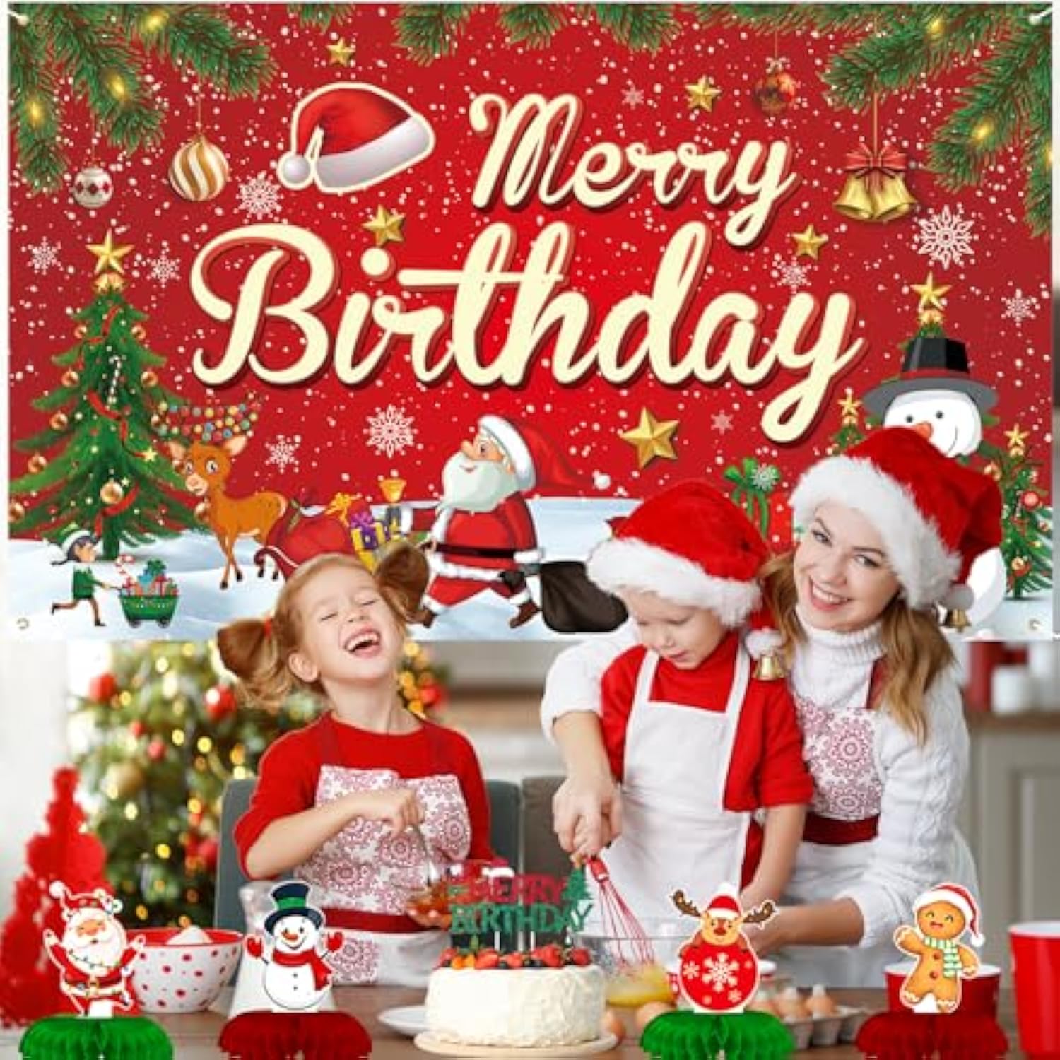 Christmas Birthday Decorations, Red And Green Merry Birthday Banner Paper Fans Hanging Swirls Centerpieces Cake Topper Kit, Christmas Xmas Bday Photo Backdrop Background Party Supplies