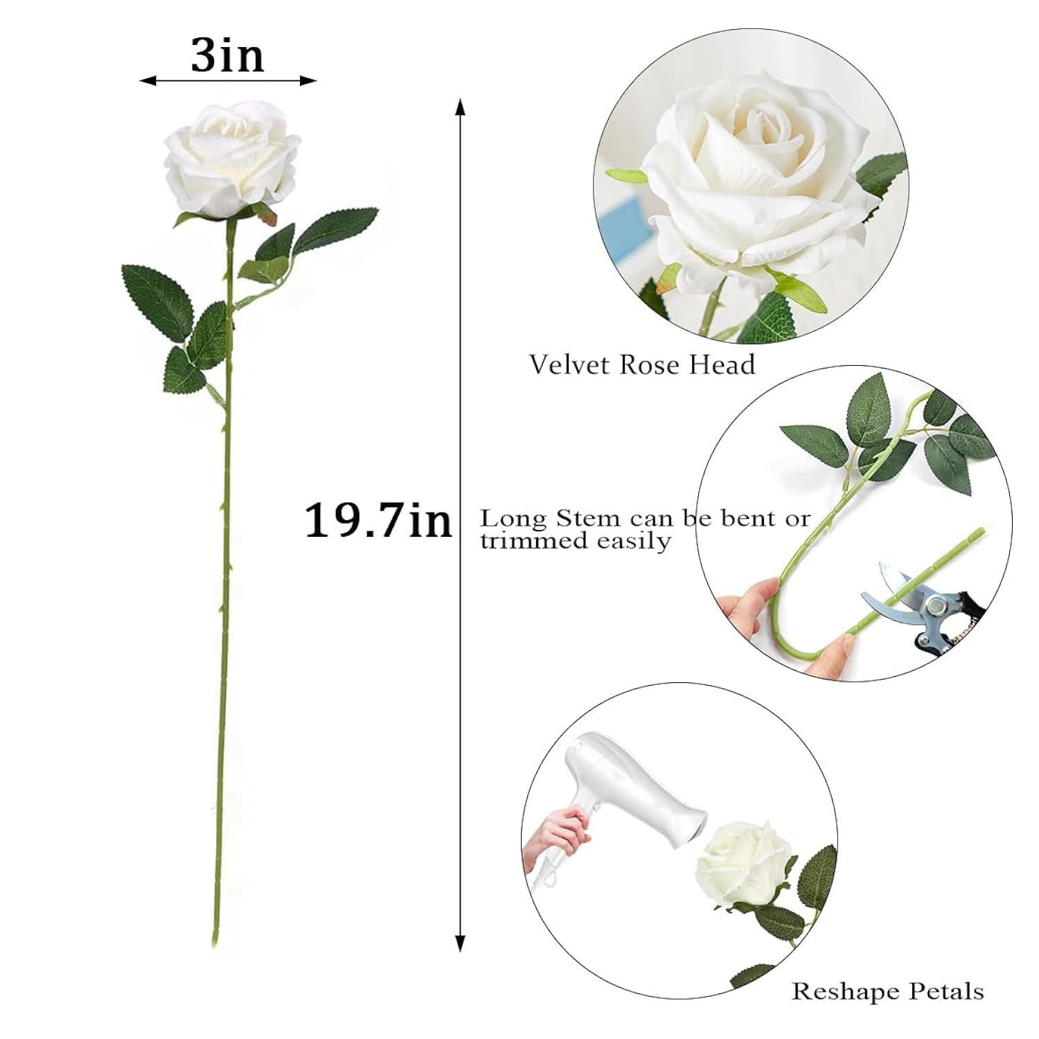 Artificial Roses 50 Pcs Velvet Silk Rose Real Touch Long Stem Fake Flowers Bulk For Flower Arrangement Wedding Centerpieces Home Party Decor (White)