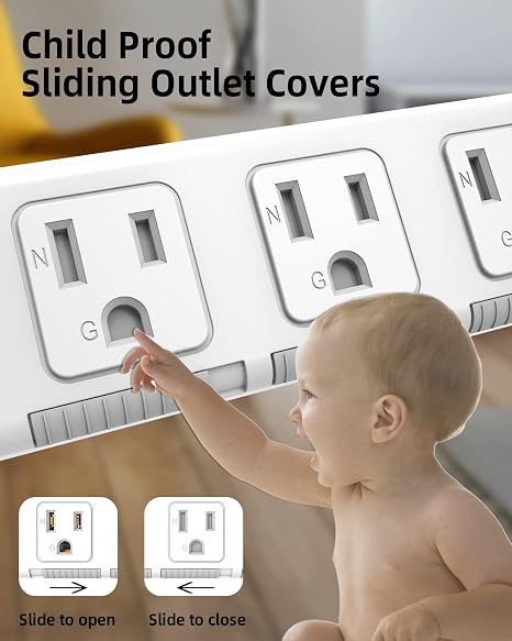 Flat Plug Surge Protector Power Strip 3 Outlets 3FT Extension Cord 300J Overload Protection White