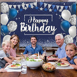 Happy Birthday Decorations Backdrop Banner, Glitter Birthday Backdrop Sign Poster Party Supplies Photo Background For Men Women, 72.8 X 43.3 Inch(Silver And Navy Blue)
