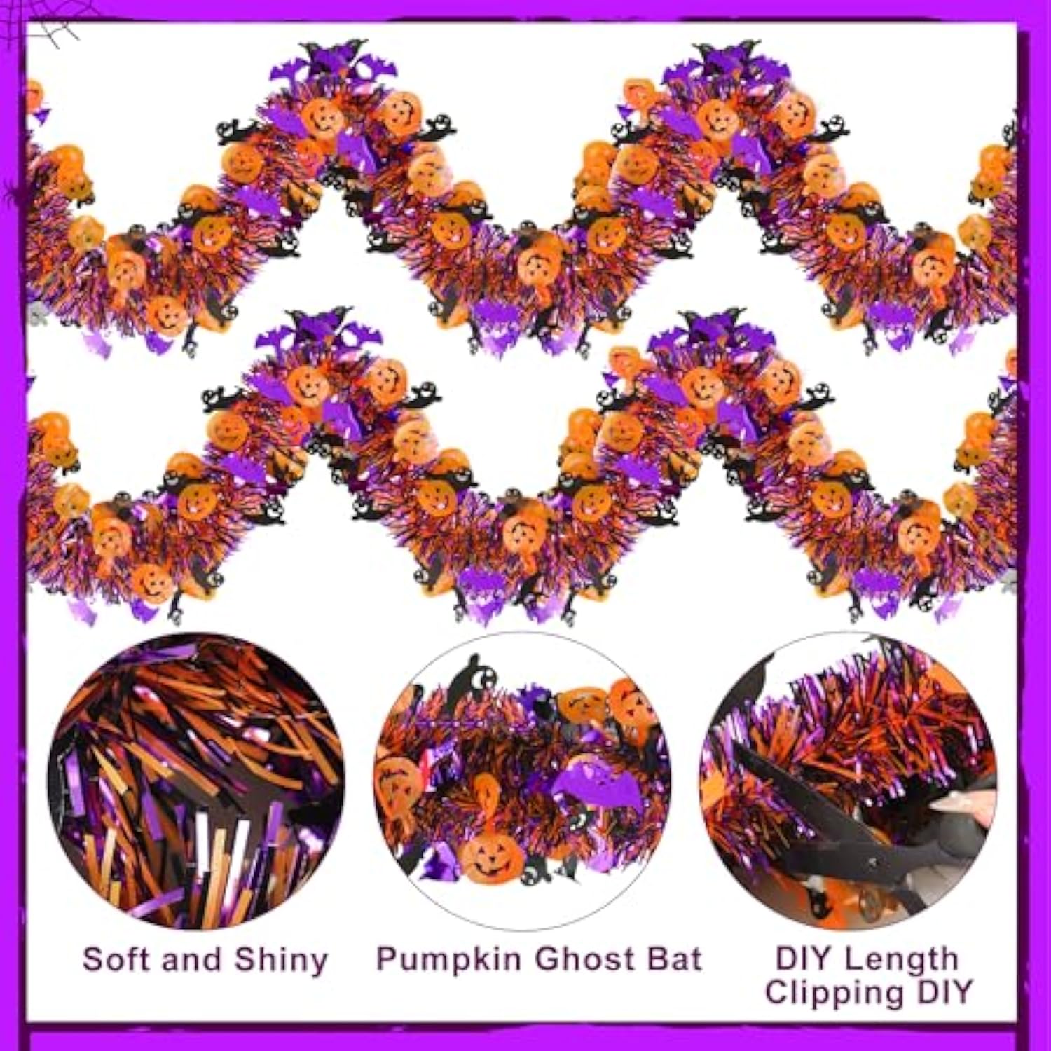 39FT Halloween Tinsel Garland with Pumpkin Ghost Bat Glitter Twist, 6PCS Party Decor