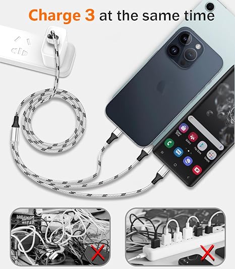3 Pack 5FT 3 in 1 Multi Charging Cable Nylon Braided USB Charger Cord for USB C Micro USB Lightning