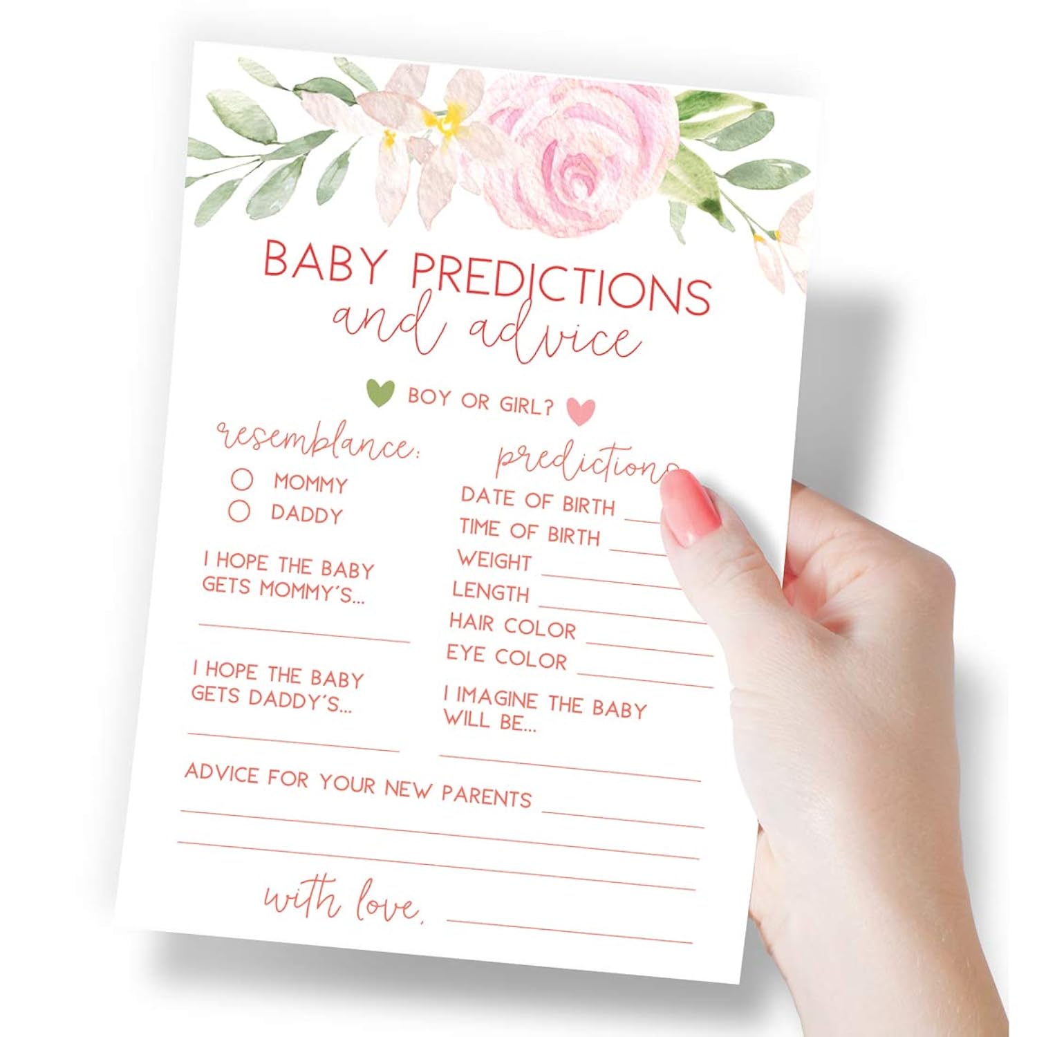 Baby Predictions & Advice Cards For New Parents – Baby Shower Game, Wishes For Mommy & Daddy, Floral Design For Baby Girl, 50 Cards