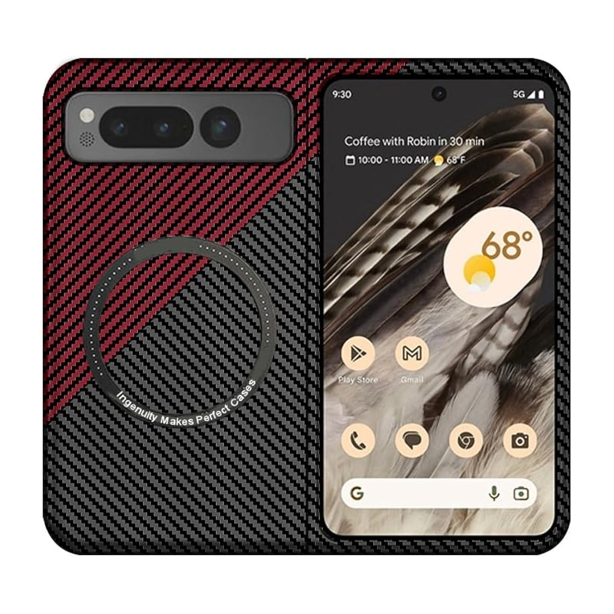 Magnetic Case For Google Pixel Fold Case Compatible With Magsafe Charger Carbon Fiber Slim Ultra Thin Aramid Fiber Anti-Scratch Shockproof Phone Case, Black&Red