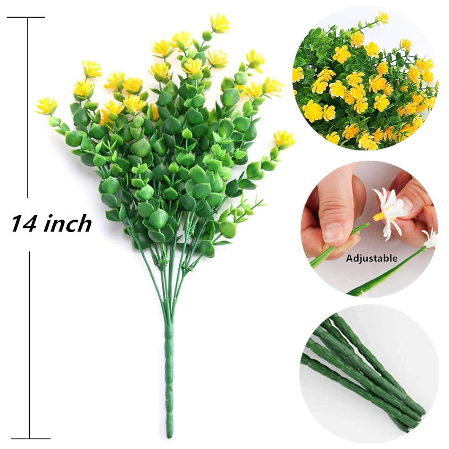 8 Bundles Artificial Flowers Outdoor Fake Mums Uv Resistant Plastic Flowers Faux Plants Indoor Outside Garden Porch Patio Window Box Wedding Home Décor (Yellow/8Pcs)