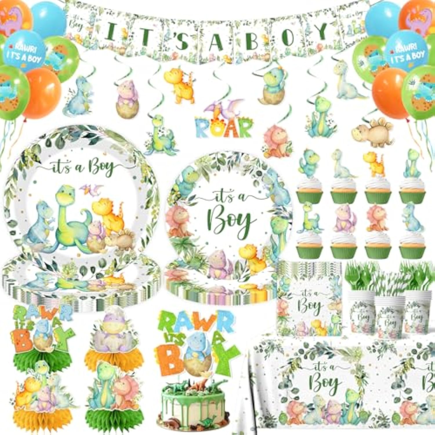 Dinosaur Baby Shower Decorations For Boy, It'S A Boy Baby Shower Party Supplies Disposable Dino Plates Napkins Banner Tablecloth Cake Topper Balloon For Dinosaur Birthday Party Decorations, Serve 24