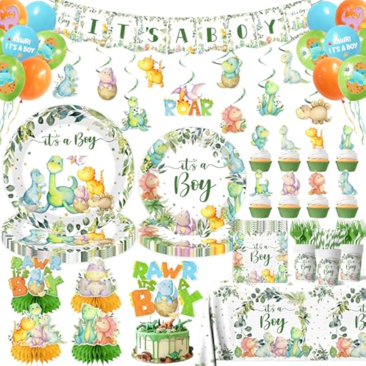 Dinosaur Baby Shower Decorations For Boy, It'S A Boy Baby Shower Party Supplies Disposable Dino Plates Napkins Banner Tablecloth Cake Topper Balloon For Dinosaur Birthday Party Decorations, Serve 24