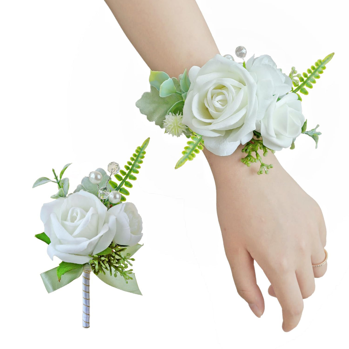 White Green Corsage And Boutonniere Set, Prom Wedding Homecoming Wrist Corsage Wristlet And Boutonniere Set For Grooms Groomsmen Guest Bridal Bridesmaid Artificial Flower Suit Decoration