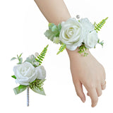White Green Corsage And Boutonniere Set, Prom Wedding Homecoming Wrist Corsage Wristlet And Boutonniere Set For Grooms Groomsmen Guest Bridal Bridesmaid Artificial Flower Suit Decoration