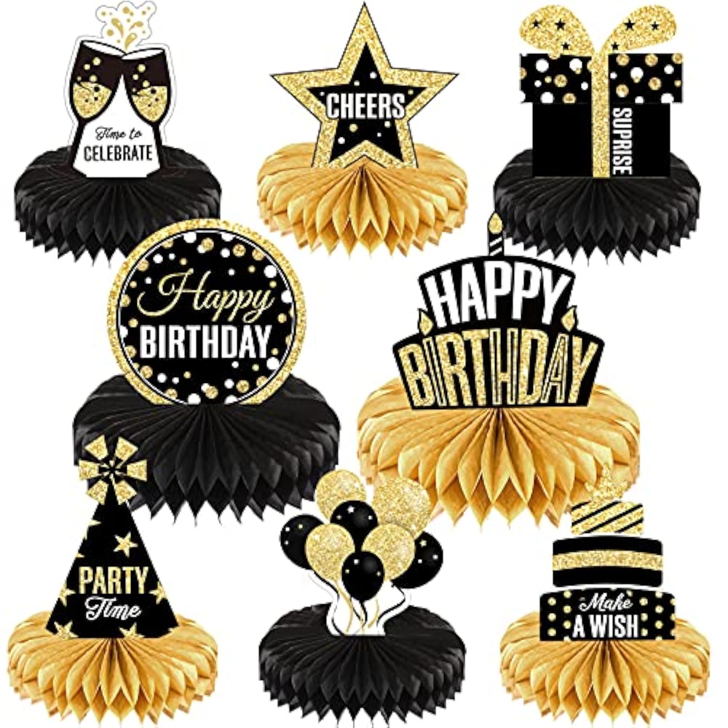 8Pcs Black Gold Birthday Honeycomb Centerpieces Table Toppers Party Decor