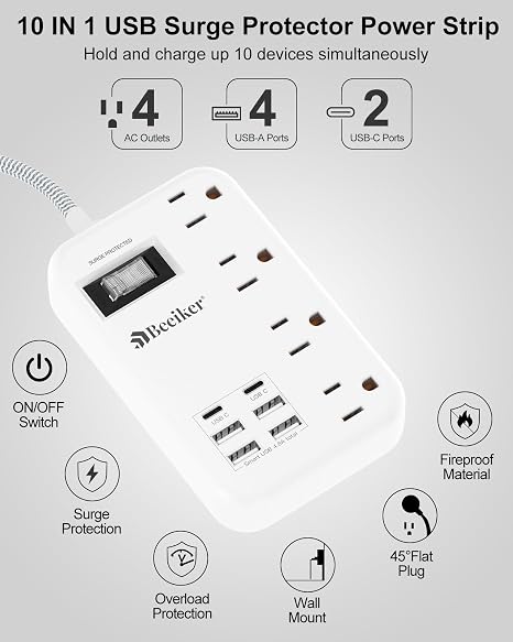 Travel Power Strip 4 Outlets 6 USB Ports 2 USB C 5FT Braided Extension Cord Surge Protector