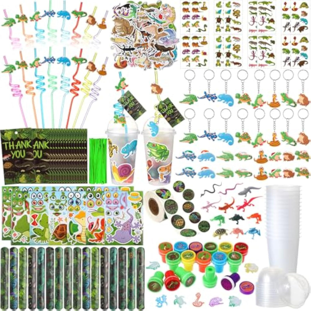 212 Pcs Reptiles Party Favors Set Include Cup Straw Stamp Clap Bracelet Keychain Ring Puzzle Sticker Animal Miniature Card For Birthday Summer Outdoor Party Baby Shower Goody Bag Stuffer