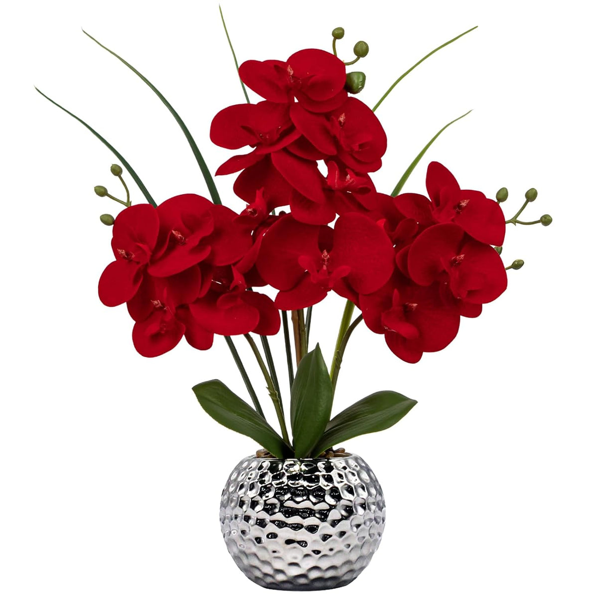 Orchid Artificial Flowers 20'' Red Faux Orchid Flowers With Silver Vase Fake Phalaenopsis Silk Flowers For Home Office Dinning Room Kitchen Table Centerpiece Decor