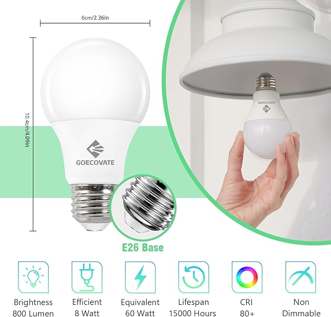 24 Pack A19 LED Light Bulbs 8W 60W Equivalent 5000K Daylight 800 Lumens E26 Non-Dimmable ETL UL Listed