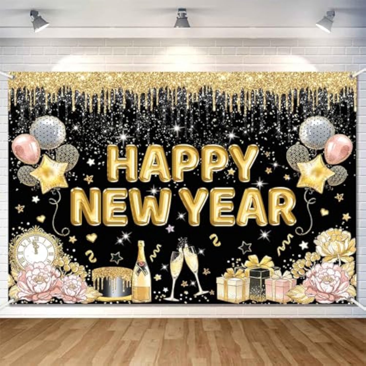 Happy New Year 2026 Banner Backdrop 7x5ft Black & Gold Party Decor