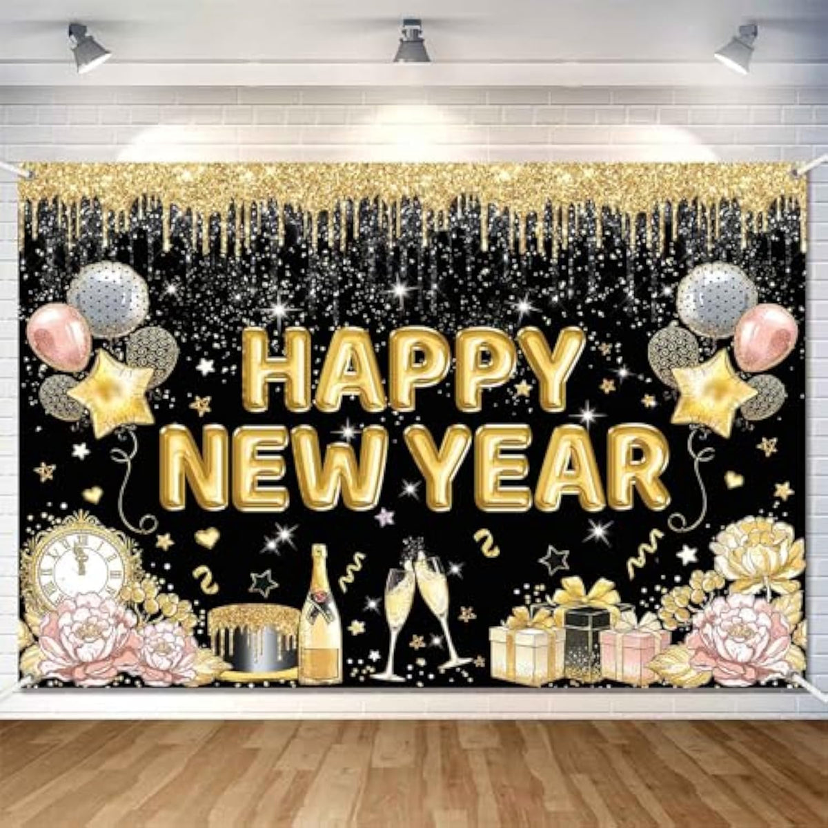 Happy New Year 2026 Banner Backdrop 7x5ft Black & Gold Party Decor